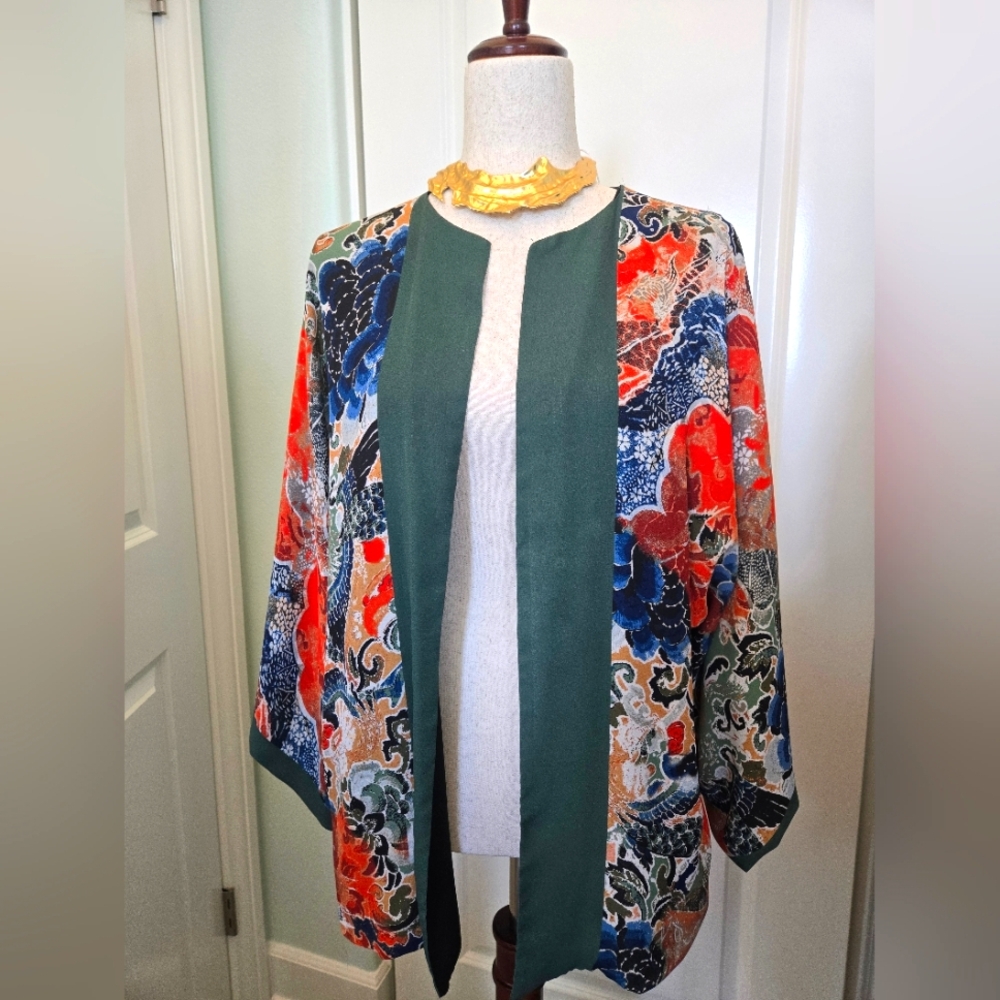 Zara Basic Red And Green Painting Print Kimono Jacket Size M